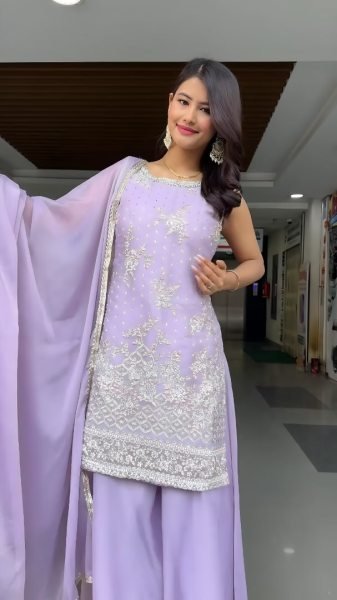 Lavender Heavy Embroidered Georgette Palazzo Suit Set Collection Readymade Look Ready To Wear Collection
