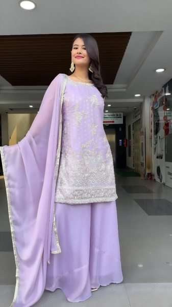 Lavender Heavy Embroidered Georgette Palazzo Suit Set Collection Readymade Look Ready To Wear Collection