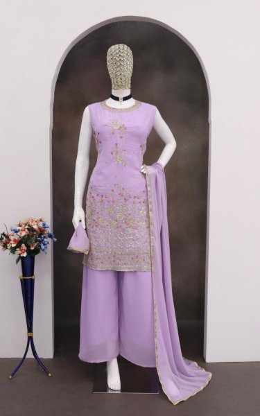 Lavender Heavy Embroidered Georgette Palazzo Suit Set Collection Readymade Look Ready To Wear Collection