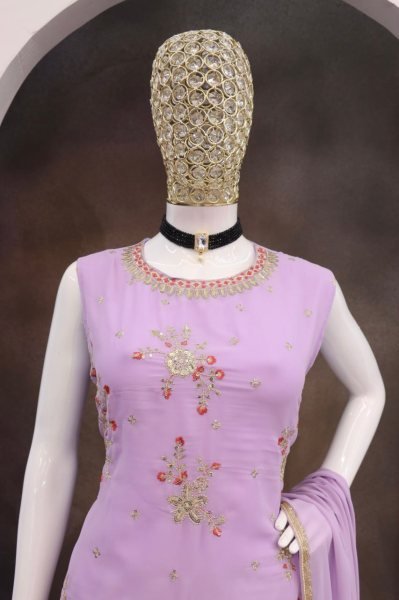 Lavender Heavy Embroidered Georgette Palazzo Suit Set Collection Readymade Look Ready To Wear Collection