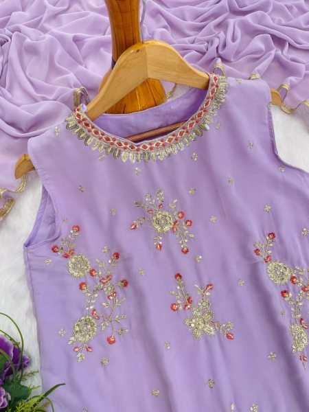 Lavender Heavy Embroidered Georgette Palazzo Suit Set Collection Readymade Look Ready To Wear Collection