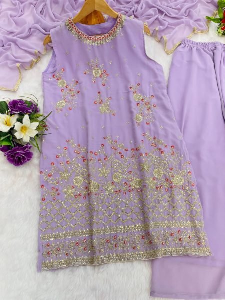 Lavender Heavy Embroidered Georgette Palazzo Suit Set Collection Readymade Look Ready To Wear Collection