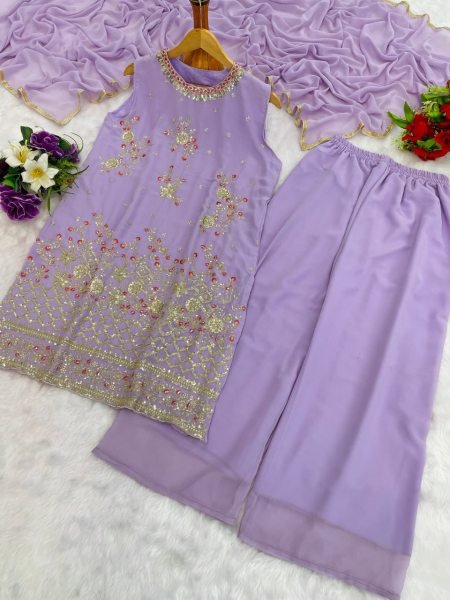 Lavender Heavy Embroidered Georgette Palazzo Suit Set Collection Readymade Look Ready To Wear Collection