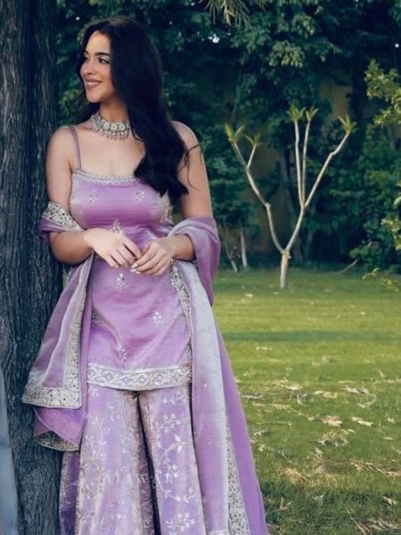Lavender Jimmy Choo Organza Embroidery Sharara Suit for Party Look 