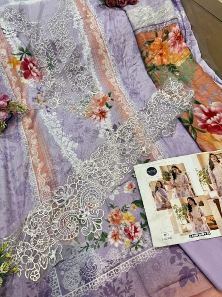 Lavender Lilac Pure Cotton Printed Pakistani Suit with Self Embroidery and Chiffon Dupatta Pakistani Suits Wholesale