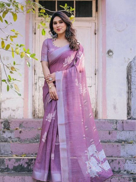 Lavender Linen Cotton Saree with Lotus and Cow Print Perfect for All Occasions Sarees 