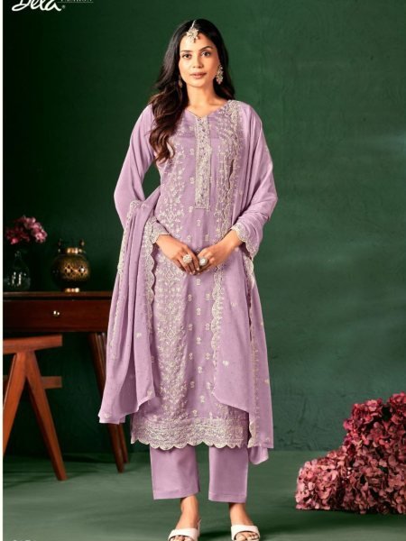 Lavender Luxe Chinon Suit Set with Subtle Embroidery Best for Family Celebrations Salwar Kameez