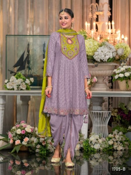  Lavender Luxe Designer Chinon Suit in Dhoti Cut with Embroidered Dupatta Salwar Kameez