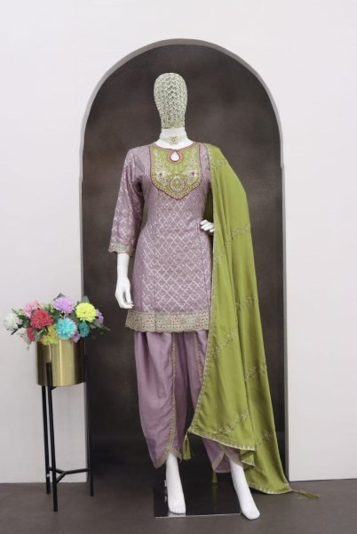  Lavender Luxe Designer Chinon Suit in Dhoti Cut with Embroidered Dupatta Designer Plazzo Salwar Suits Wholesale