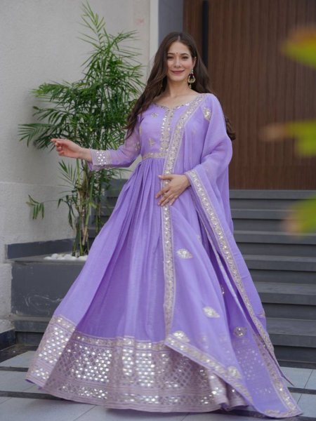 Lavender Mirror Work Silk Gown Set with Dupatta Partywear and Wedding Special Anarkali Kurtis 