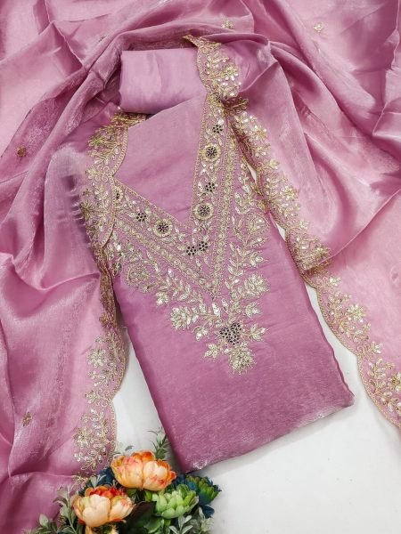 Lavender Pink Pakistani Style Straight Kurta with Trousers And Scalloped Dupatta Punjabi Dress Materials Wholesale
