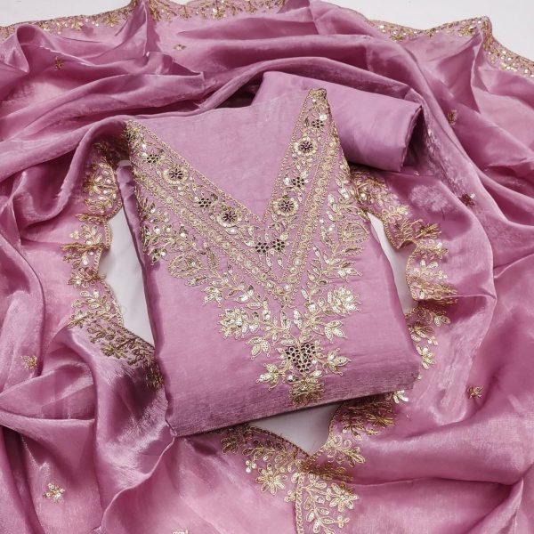 Lavender Pink Pakistani Style Straight Kurta with Trousers And Scalloped Dupatta Punjabi Dress Materials Wholesale