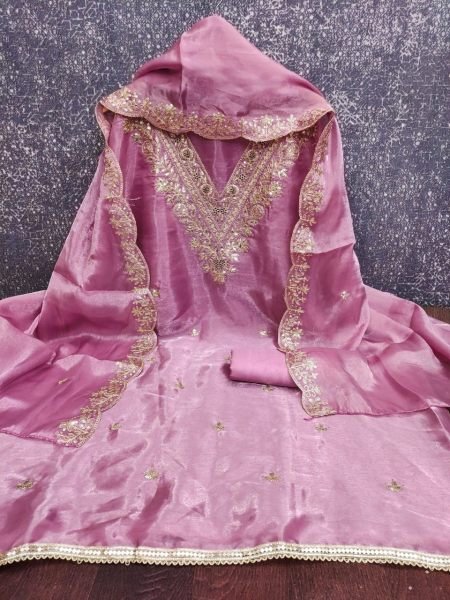 Lavender Pink Pakistani Style Straight Kurta with Trousers And Scalloped Dupatta Punjabi Dress Materials Wholesale