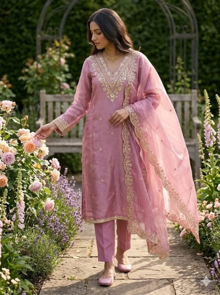 Lavender Pink Pakistani Style Straight Kurta with Trousers And Scalloped Dupatta Punjabi Dress Materials Wholesale