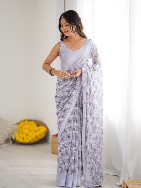 Lavender Satin Patta Floral Print Saree with Blouse Piece Festive Collection Sarees 
