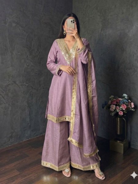 Lavender Shimmer Silk Suit Set  V-neck Kurta With Flared Palazzo Pants 3 Piece Kurti Set