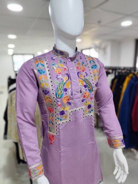 Lavender Silk Embroidery Kurta Pajama Set Premium Festive wear for Mens Kurta Pajama Wholesale