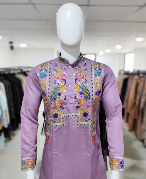 Lavender Silk Embroidery Kurta Pajama Set Premium Festive wear for Mens Kurta Pajama Wholesale