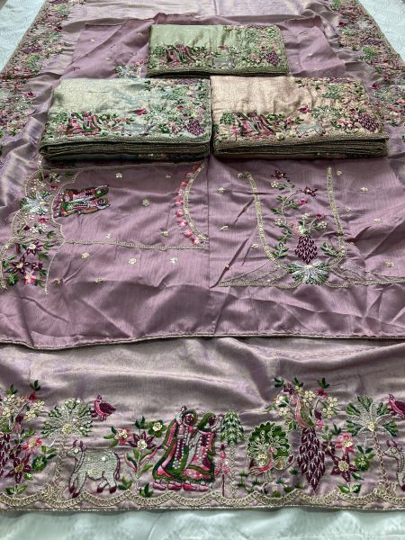 Lavender Soft Kanjivaram Silk Saree with Beads Embroidery Border for Wedding Wear Designer Wedding Sarees Wholesale