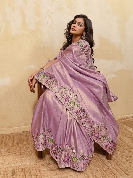 Lavender Soft Kanjivaram Silk Saree with Beads Embroidery Border for Wedding Wear Designer Wedding Sarees Wholesale