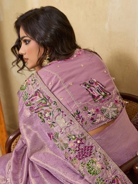 Lavender Soft Kanjivaram Silk Saree with Beads Embroidery Border for Wedding Wear Designer Wedding Sarees Wholesale
