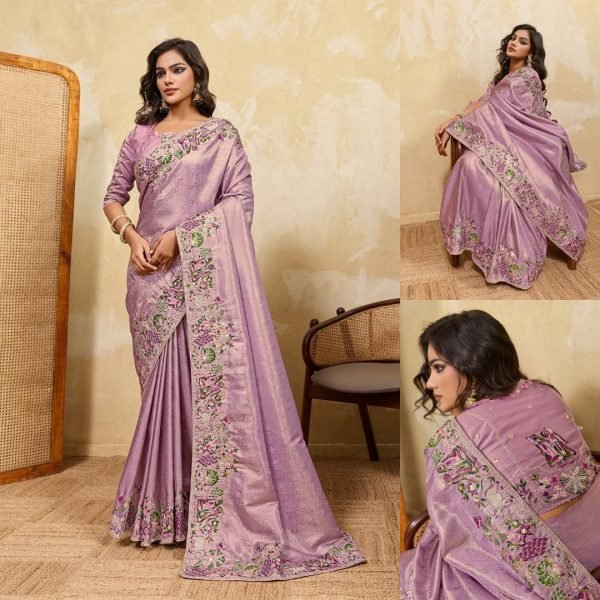 Lavender Soft Kanjivaram Silk Saree with Beads Embroidery Border for Wedding Wear Designer Wedding Sarees Wholesale