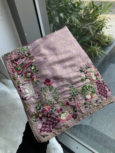 Lavender Soft Kanjivaram Silk Saree with Beads Embroidery Border for Wedding Wear Designer Wedding Sarees Wholesale
