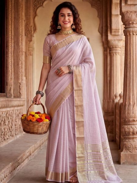 Lavender Soft Linen Cotton Silk Saree with Gold Zari Weaving for Wedding and Party Wear Sarees 
