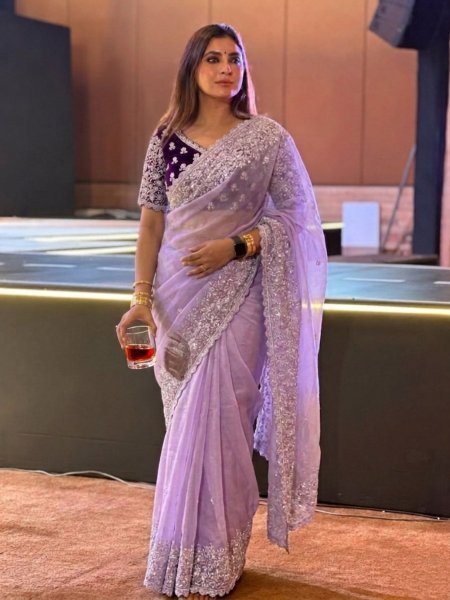 Lavender Soft Organza Saree with Embroidery Cutwork Border for Wedding Wear Sarees 