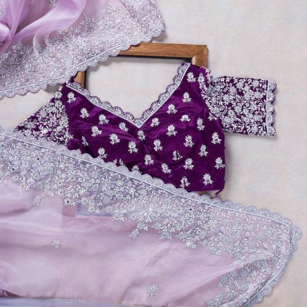 Lavender Soft Organza Saree with Embroidery Cutwork Border for Wedding Wear Organza Sarees Wholesale