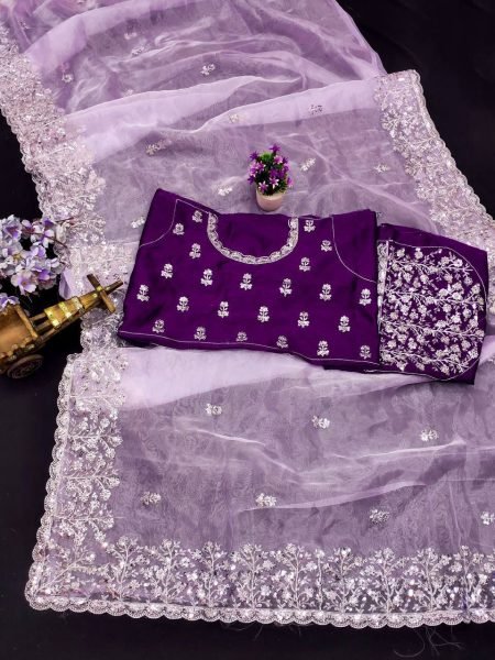 Lavender Soft Organza Saree with Embroidery Cutwork Border for Wedding Wear Organza Sarees Wholesale