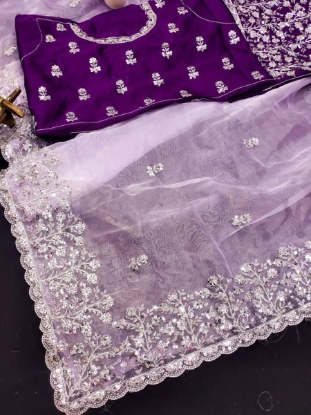 Lavender Soft Organza Saree with Embroidery Cutwork Border for Wedding Wear Organza Sarees Wholesale