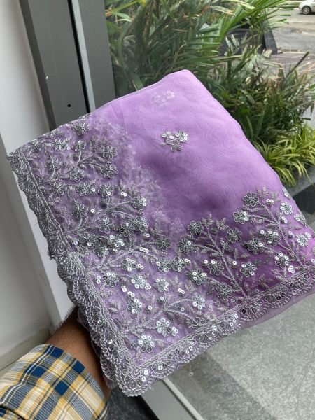 Lavender Soft Organza Saree with Embroidery Cutwork Border for Wedding Wear Organza Sarees Wholesale