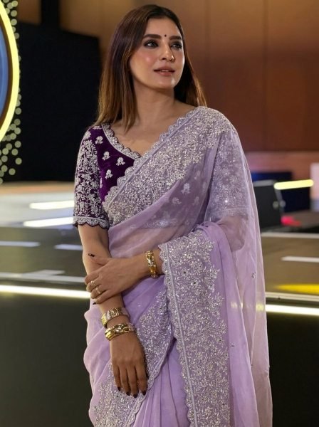 Lavender Soft Organza Saree with Embroidery Cutwork Border for Wedding Wear Organza Sarees Wholesale