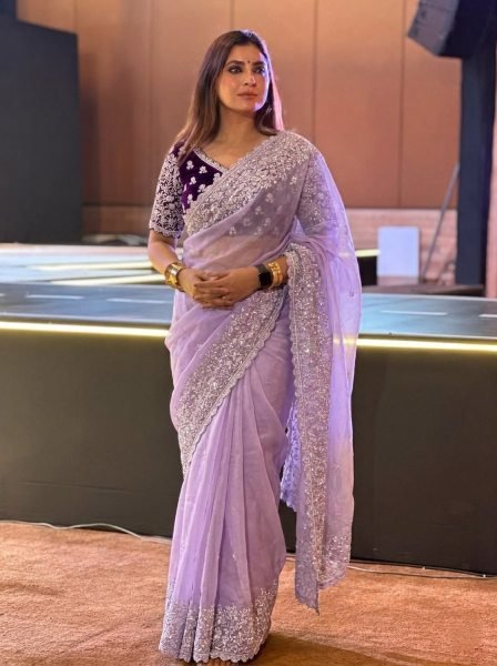 Lavender Soft Organza Saree with Embroidery Cutwork Border for Wedding Wear Organza Sarees Wholesale