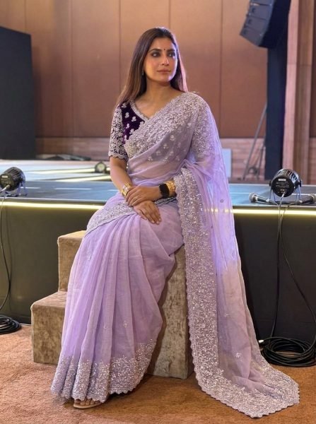 Lavender Soft Organza Saree with Embroidery Cutwork Border for Wedding Wear Organza Sarees Wholesale