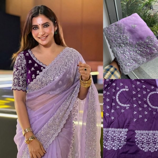 Lavender Soft Organza Saree with Embroidery Cutwork Border for Wedding Wear Organza Sarees Wholesale