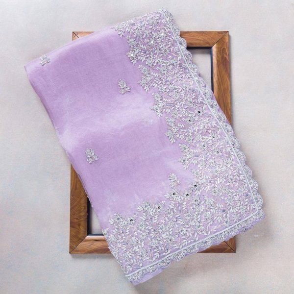 Lavender Soft Organza Saree with Embroidery Cutwork Border for Wedding Wear Organza Sarees Wholesale