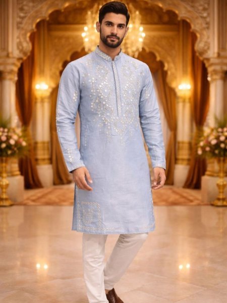Lavensder Designer Mens Kurta with Mirror Neck Work for Wedding Functions Mens Wear