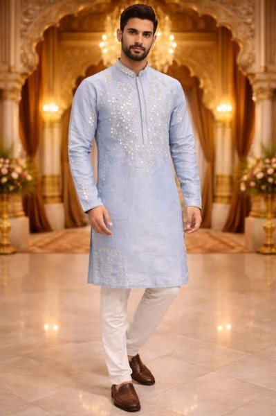Lavensder Designer Mens Kurta with Mirror Neck Work for Wedding Functions Kurta Pajama Wholesale