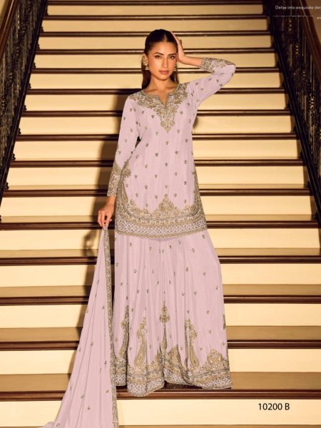 Lavish Baby Pink Stylish Chinon Palazzo Set for Festive and Wedding Wear 
