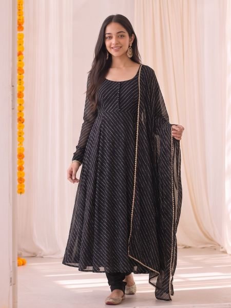 Lavish Black Bandhani Anarkali Dress with 50 Inch Length and Double Flair for Festival 
