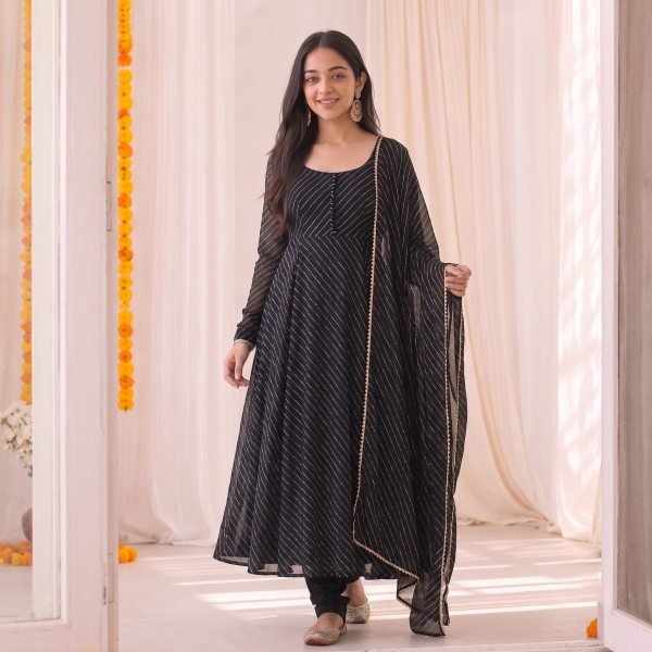 Lavish Black Bandhani Anarkali Dress with 50 Inch Length and Double Flair for Festival Anarkali Kurtis 