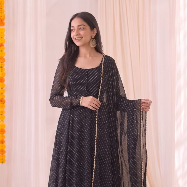 Lavish Black Bandhani Anarkali Dress with 50 Inch Length and Double Flair for Festival Anarkali Kurtis 