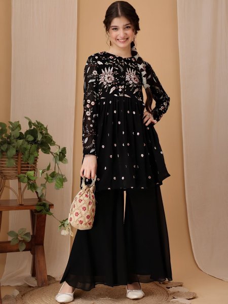 Lavish Black Girls Fox Georgette Embroidered Kurta and Palazzo Set with Round Neck Kurtis