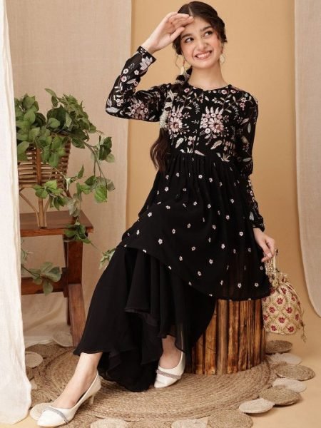 Lavish Black Girls Fox Georgette Embroidered Kurta and Palazzo Set with Round Neck Girls Wear