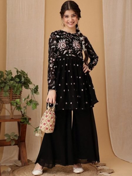 Lavish Black Girls Fox Georgette Embroidered Kurta and Palazzo Set with Round Neck Girls Wear