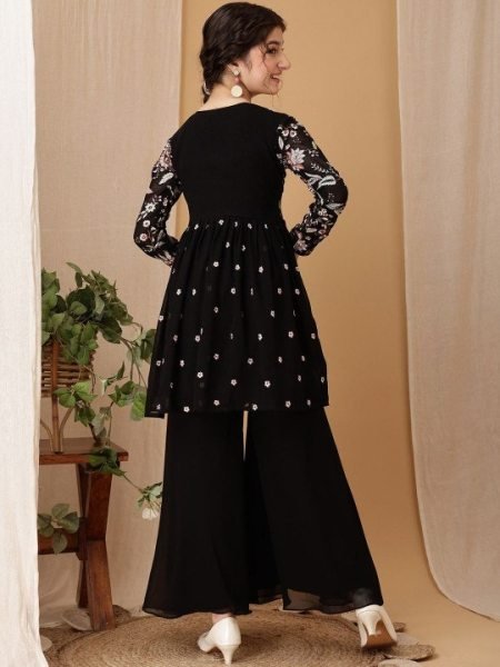 Lavish Black Girls Fox Georgette Embroidered Kurta and Palazzo Set with Round Neck Girls Wear
