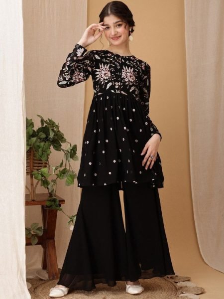 Lavish Black Girls Fox Georgette Embroidered Kurta and Palazzo Set with Round Neck Girls Wear