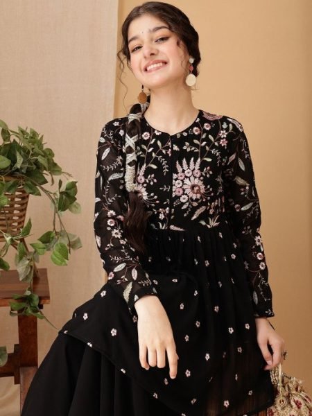 Lavish Black Girls Fox Georgette Embroidered Kurta and Palazzo Set with Round Neck Girls Wear